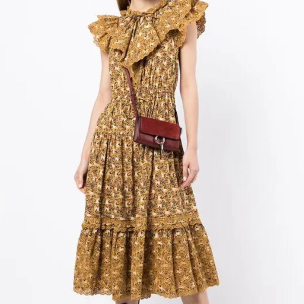 NWOT ULLA JOHNSON Yvette Ruffle Poplin Midi Dress in Dandelion XS $625